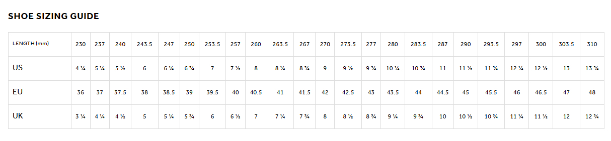 SHOE SIZING GUIDE※あくまでも目安程度にご参照ください。ご購入の前にはご試着をお勧めいたします。