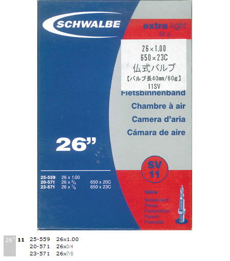 EXTRA LIGHT TUBE(26×1.00・650×23C、仏式40mm)